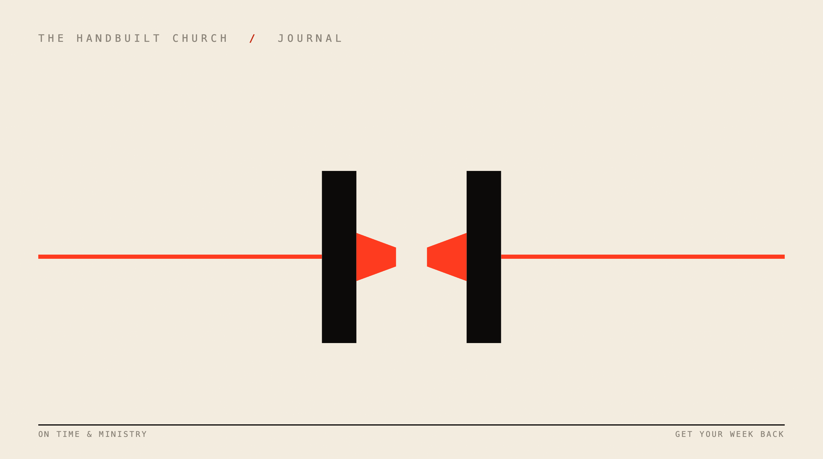 The Handbuilt Church journal: the Reach mark, two forms reaching across a gap that never closes.