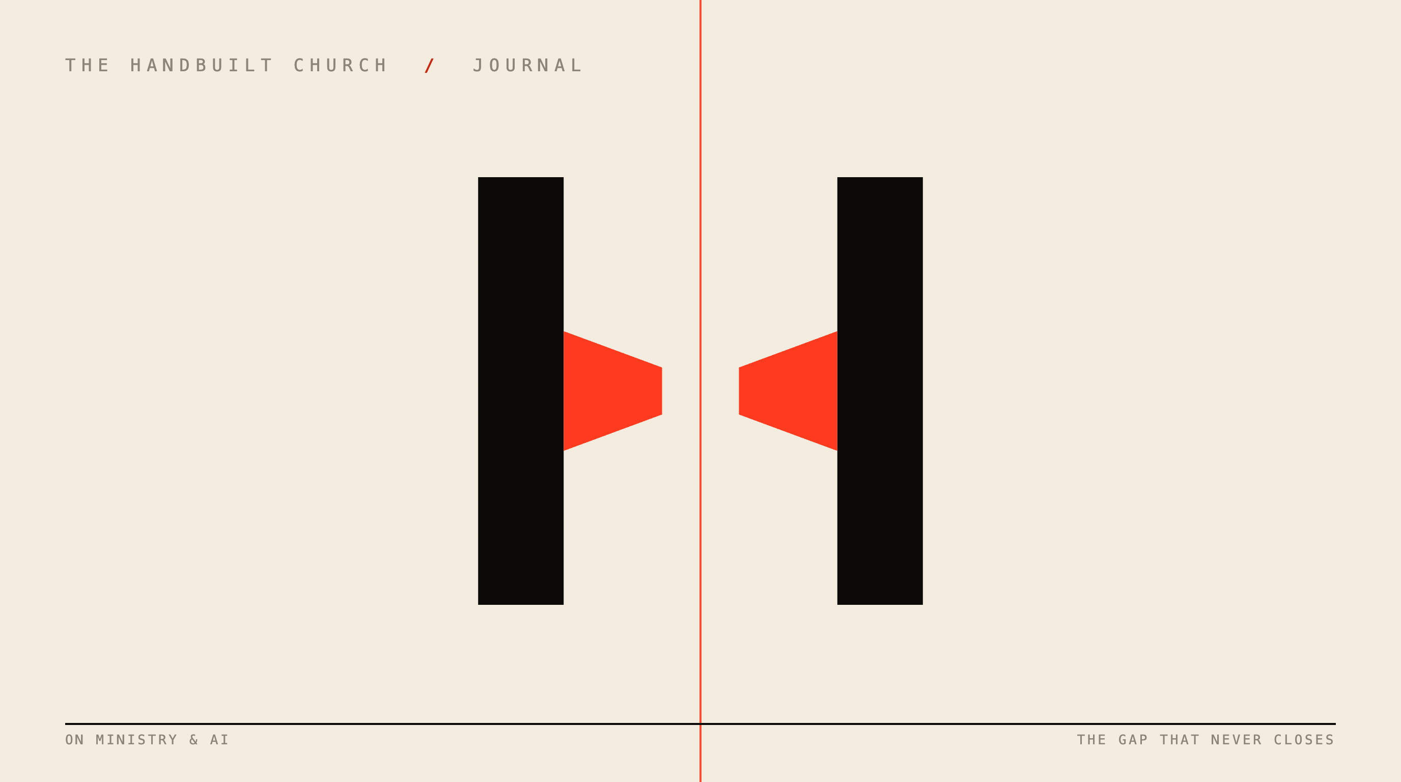 The Handbuilt Church journal: the Reach mark, two forms reaching across a gap that never closes.
